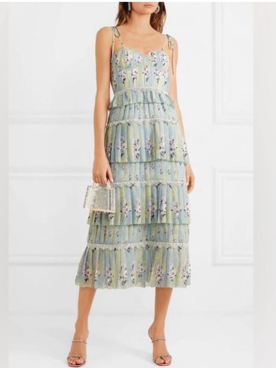 Self-Portrait Dresses & Skirts - Self Portrait Tiered Midi Dress Floral Lace Printed Chiffon Mint Pastel 8 $495